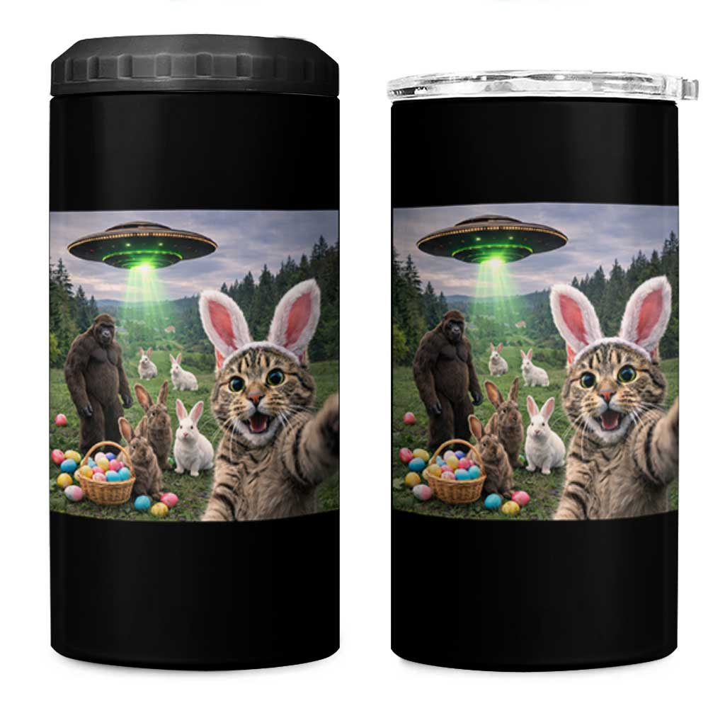 Funny Easter Day 4 in 1 Can Cooler Tumbler Cat Selfie With Bunny Bigfoot UFO Bunny Egg