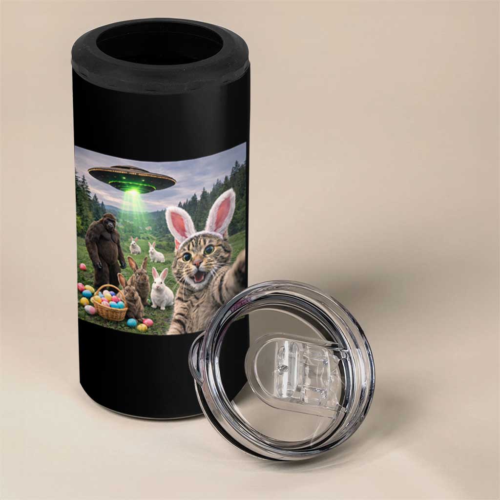 Funny Easter Day 4 in 1 Can Cooler Tumbler Cat Selfie With Bunny Bigfoot UFO Bunny Egg