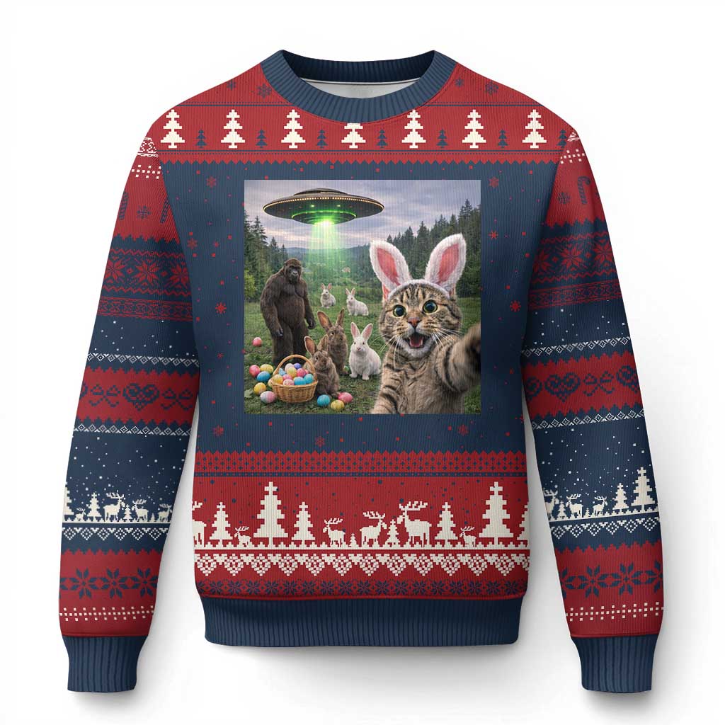 Funny Easter Day Ugly Christmas Sweater Cat Selfie With Bunny Bigfoot UFO Bunny Egg
