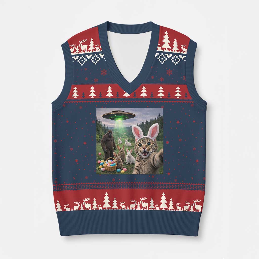 Funny Easter Day V-Neck Knit Sweater Vest Cat Selfie With Bunny Bigfoot UFO Bunny Egg