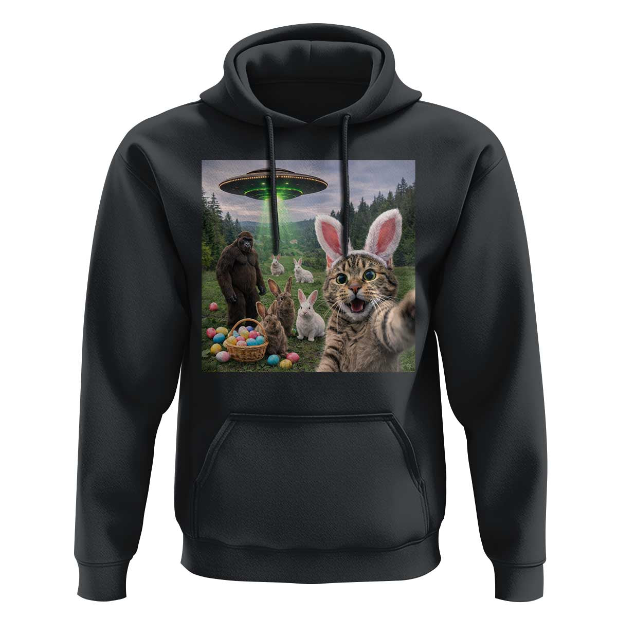Funny Easter Day Hoodie Cat Selfie With Bunny Bigfoot UFO Bunny Egg
