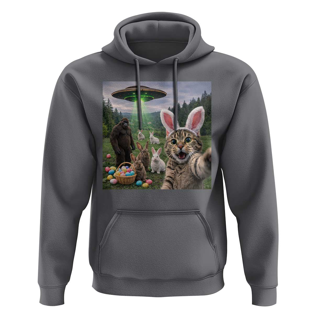 Funny Easter Day Hoodie Cat Selfie With Bunny Bigfoot UFO Bunny Egg