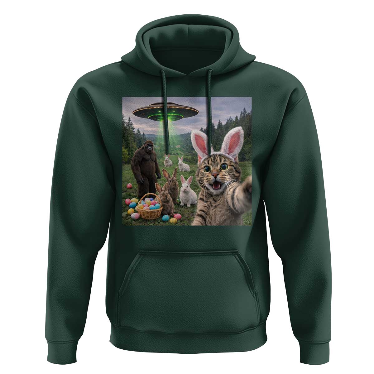Funny Easter Day Hoodie Cat Selfie With Bunny Bigfoot UFO Bunny Egg