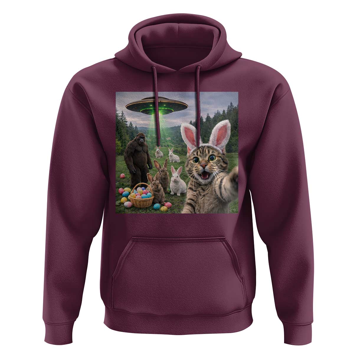 Funny Easter Day Hoodie Cat Selfie With Bunny Bigfoot UFO Bunny Egg