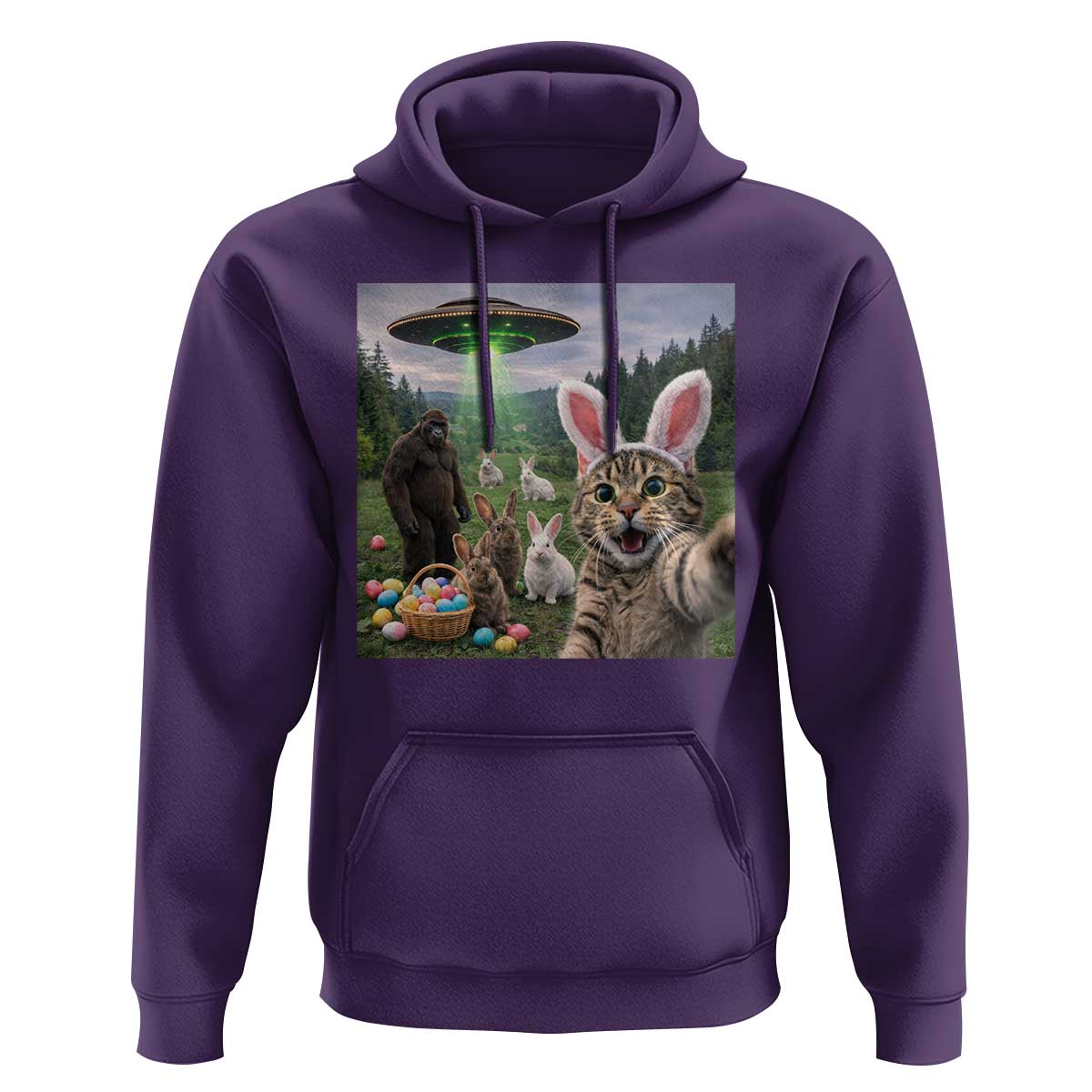 Funny Easter Day Hoodie Cat Selfie With Bunny Bigfoot UFO Bunny Egg