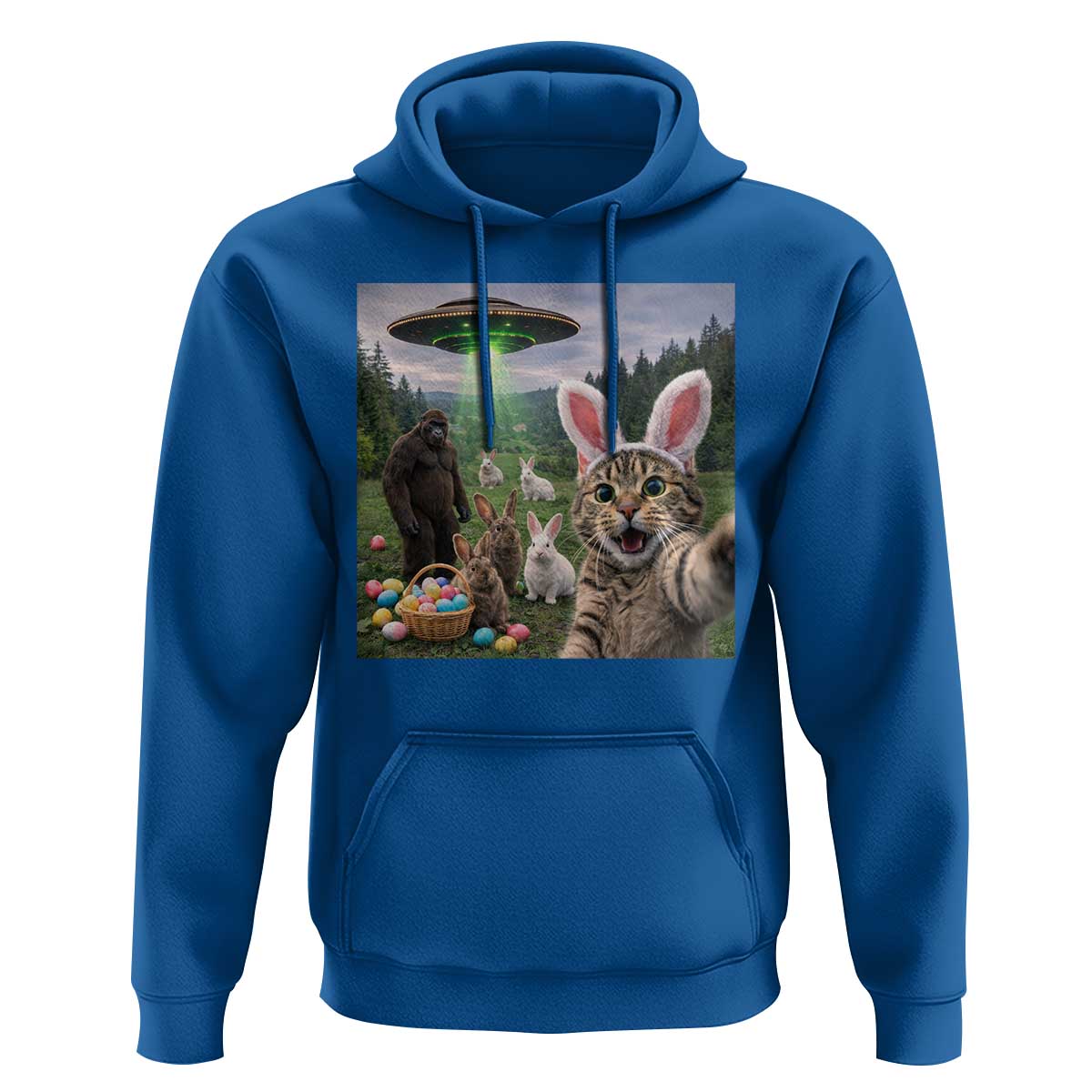 Funny Easter Day Hoodie Cat Selfie With Bunny Bigfoot UFO Bunny Egg