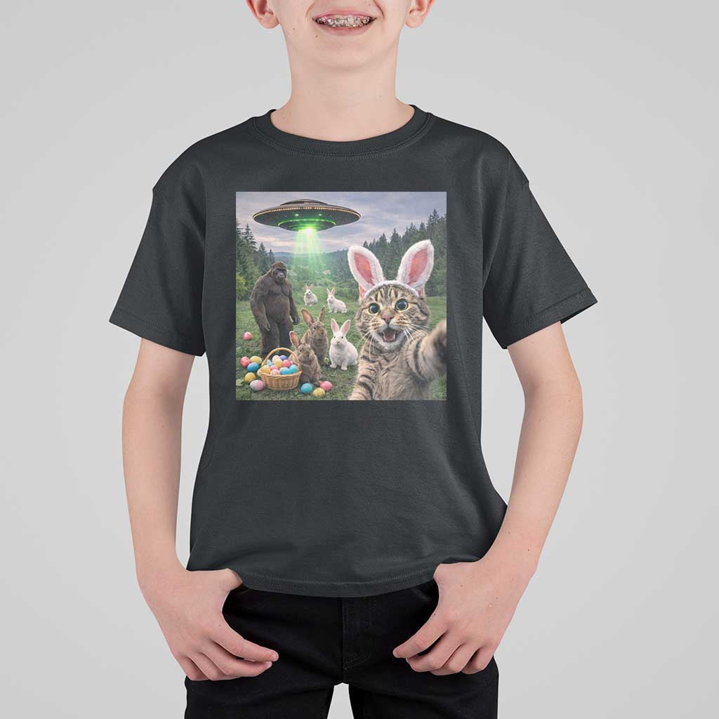 Funny Easter Day T Shirt For Kid Cat Selfie With Bunny Bigfoot UFO Bunny Egg