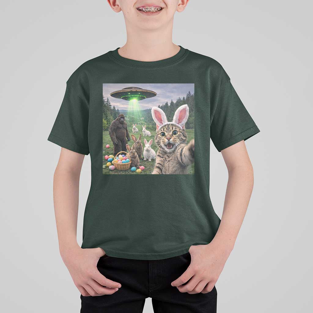 Funny Easter Day T Shirt For Kid Cat Selfie With Bunny Bigfoot UFO Bunny Egg