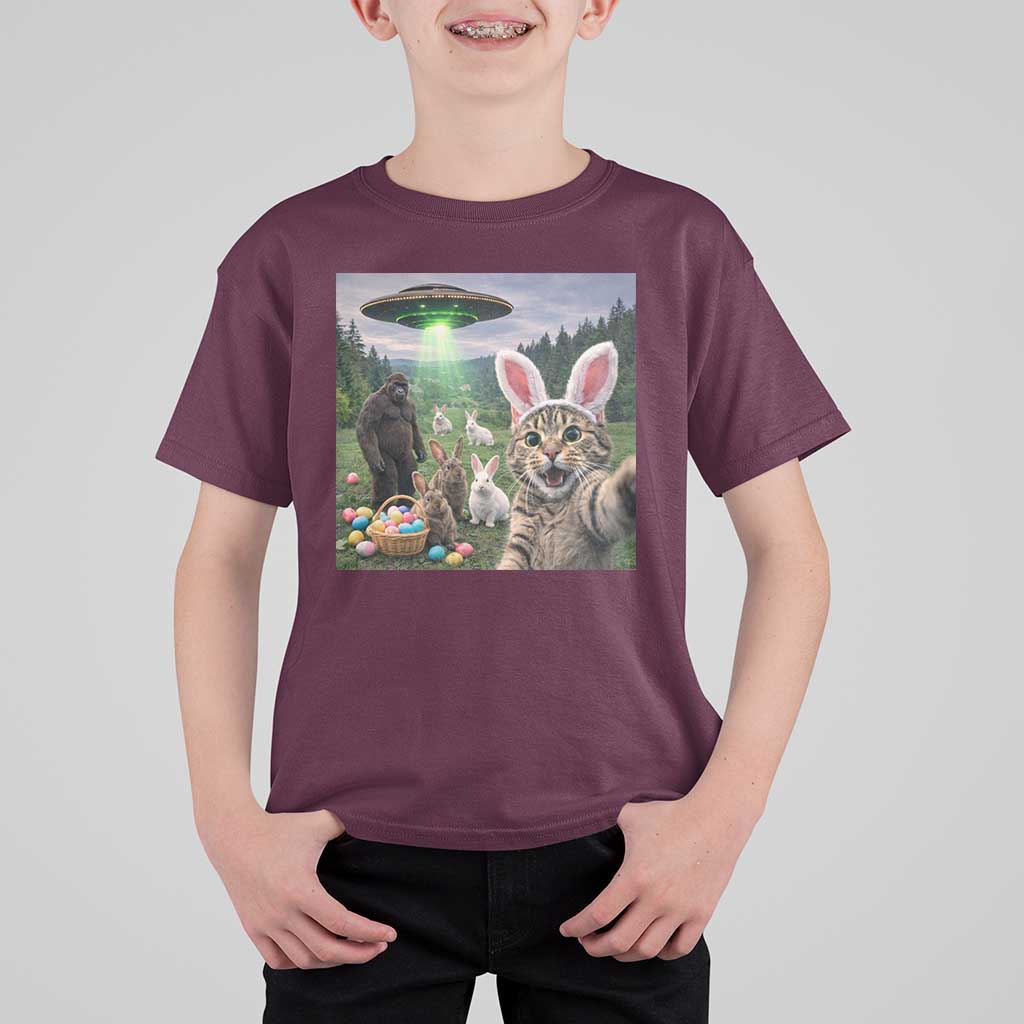 Funny Easter Day T Shirt For Kid Cat Selfie With Bunny Bigfoot UFO Bunny Egg