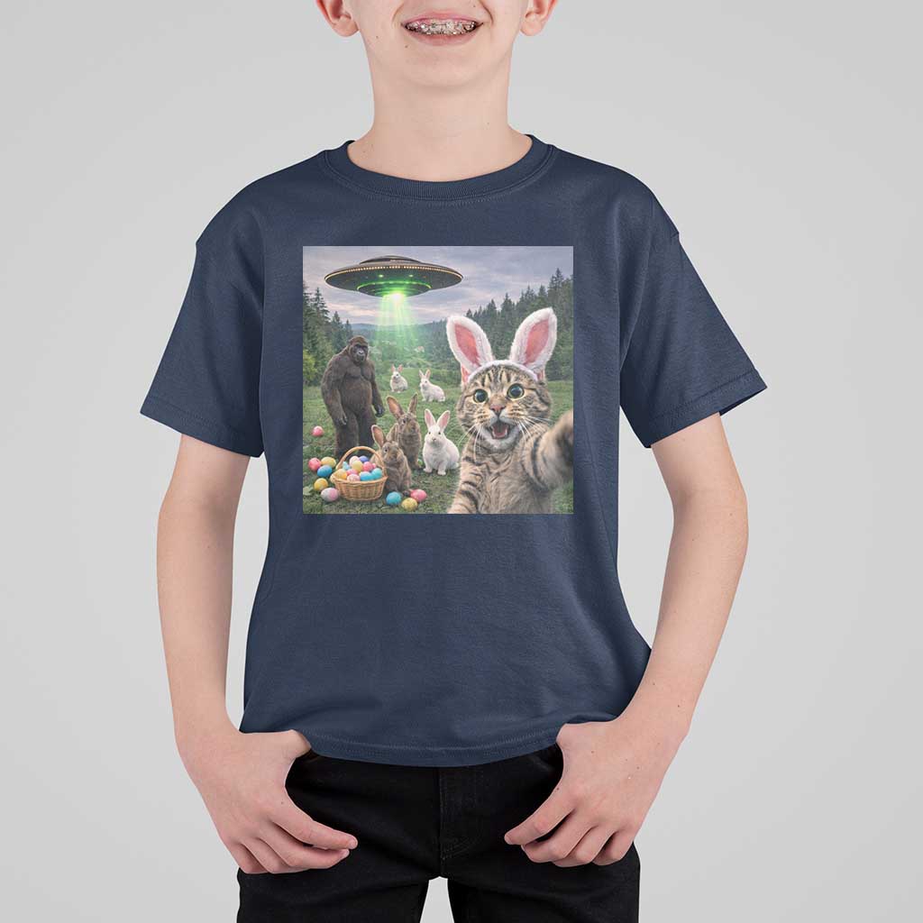 Funny Easter Day T Shirt For Kid Cat Selfie With Bunny Bigfoot UFO Bunny Egg