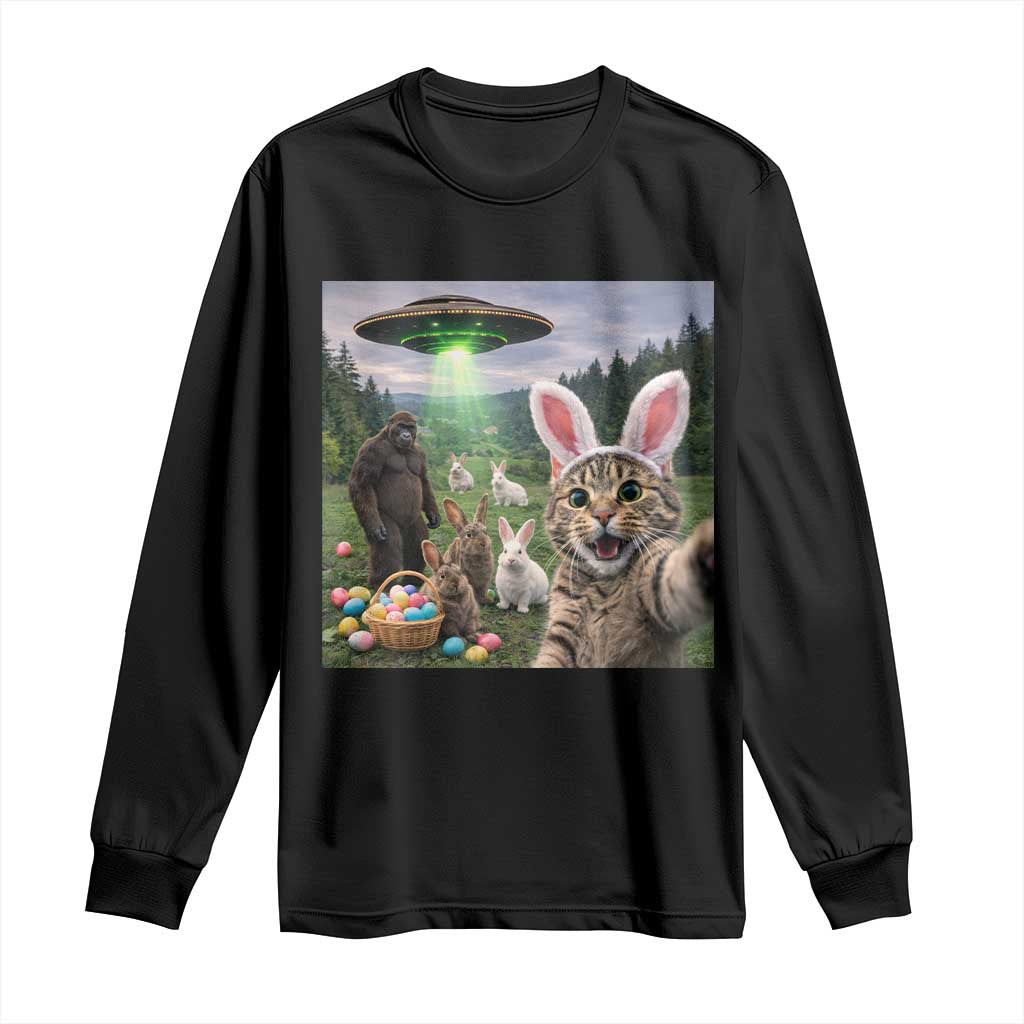 Funny Easter Day Long Sleeve Shirt Cat Selfie With Bunny Bigfoot UFO Bunny Egg
