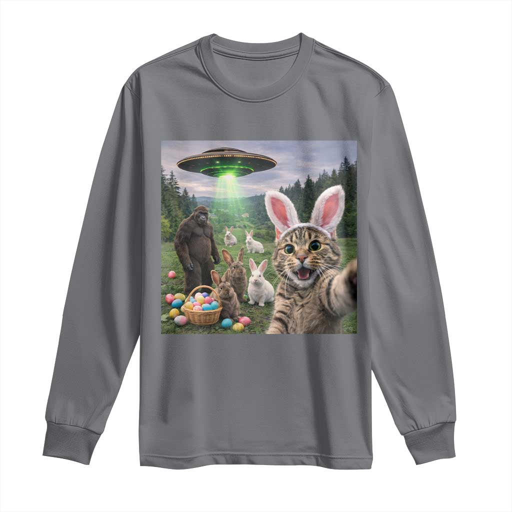 Funny Easter Day Long Sleeve Shirt Cat Selfie With Bunny Bigfoot UFO Bunny Egg