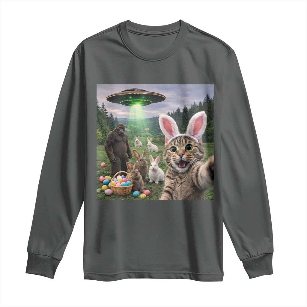 Funny Easter Day Long Sleeve Shirt Cat Selfie With Bunny Bigfoot UFO Bunny Egg