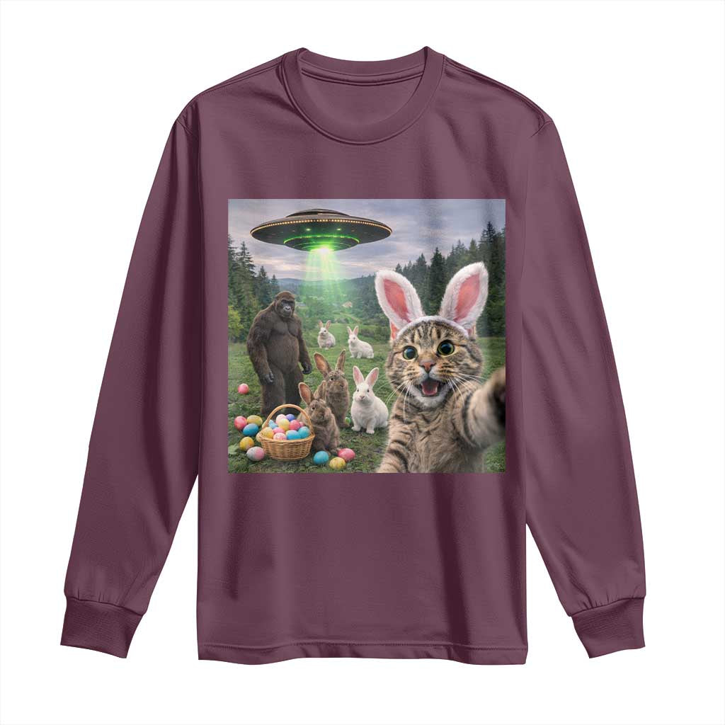 Funny Easter Day Long Sleeve Shirt Cat Selfie With Bunny Bigfoot UFO Bunny Egg