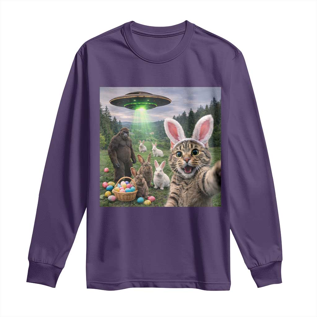 Funny Easter Day Long Sleeve Shirt Cat Selfie With Bunny Bigfoot UFO Bunny Egg