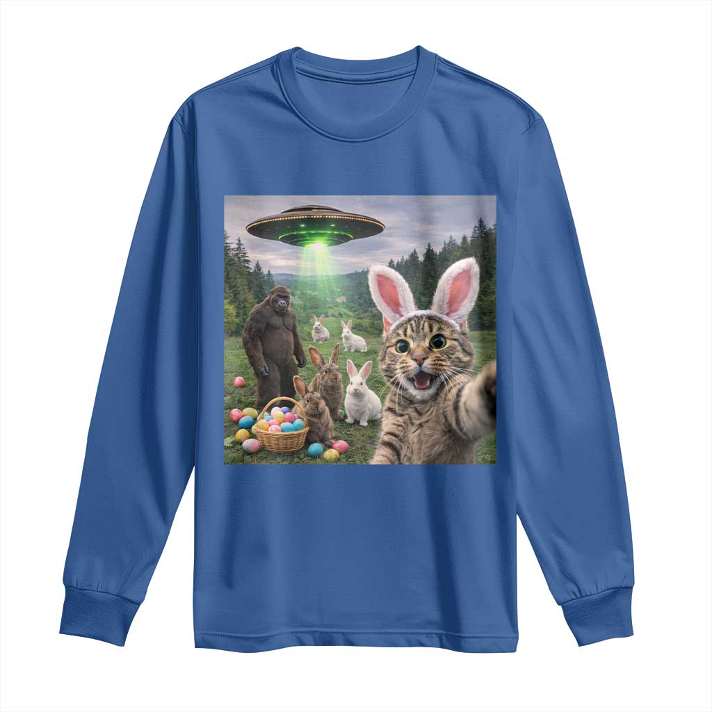 Funny Easter Day Long Sleeve Shirt Cat Selfie With Bunny Bigfoot UFO Bunny Egg