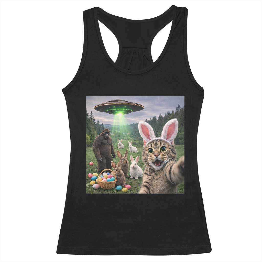 Funny Easter Day Racerback Tank Top Cat Selfie With Bunny Bigfoot UFO Bunny Egg