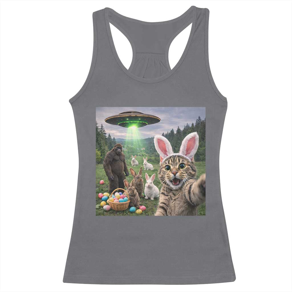 Funny Easter Day Racerback Tank Top Cat Selfie With Bunny Bigfoot UFO Bunny Egg