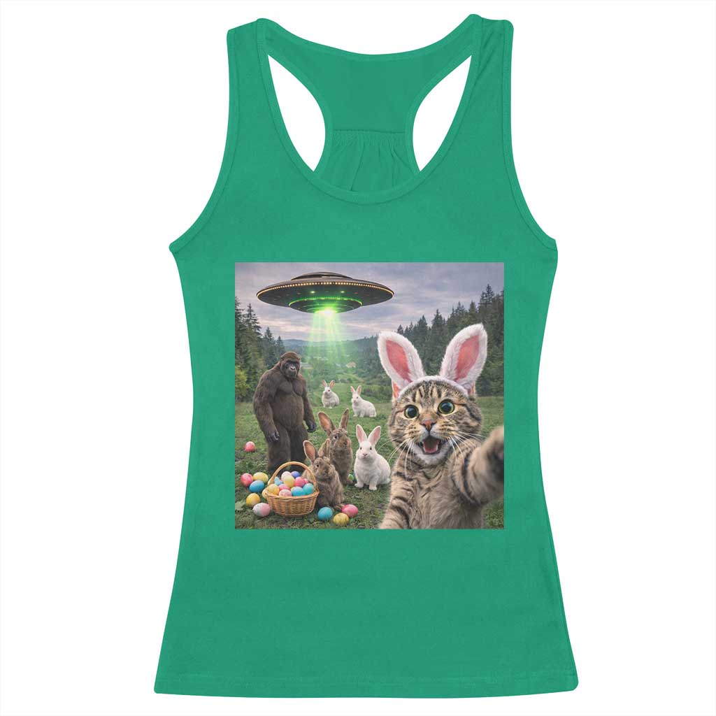 Funny Easter Day Racerback Tank Top Cat Selfie With Bunny Bigfoot UFO Bunny Egg