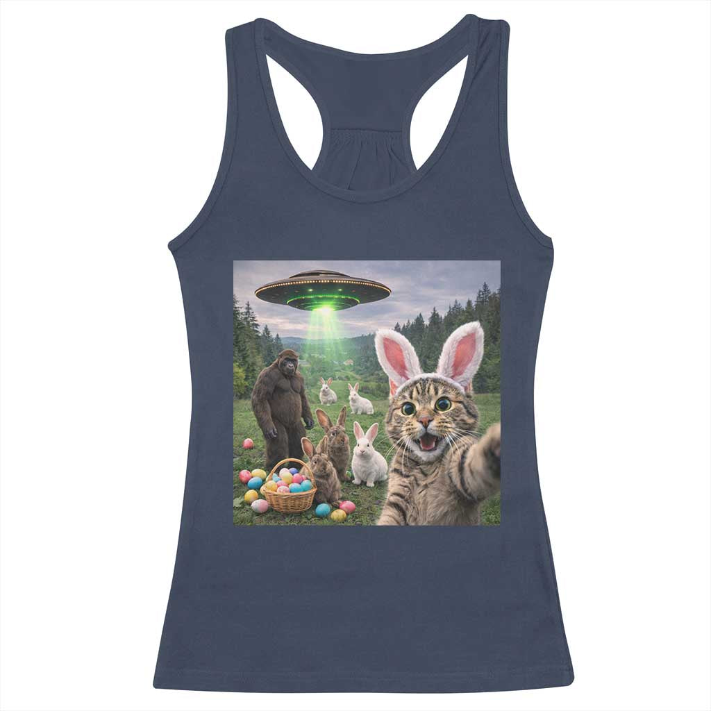 Funny Easter Day Racerback Tank Top Cat Selfie With Bunny Bigfoot UFO Bunny Egg