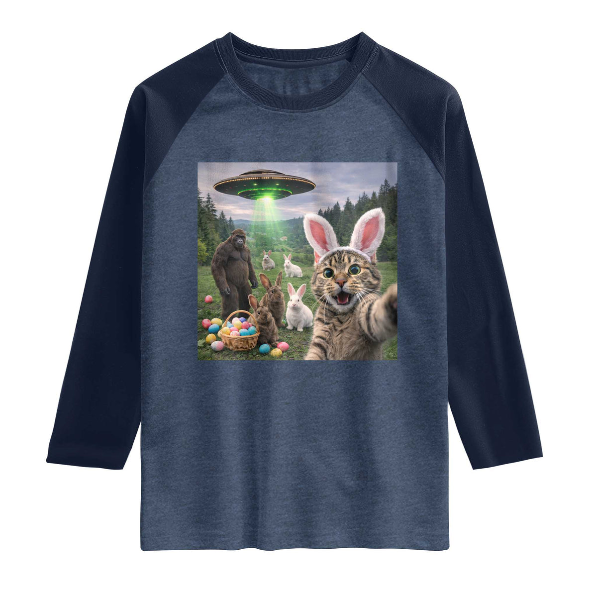 Funny Easter Day Raglan Shirt Cat Selfie With Bunny Bigfoot UFO Bunny Egg