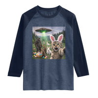 Funny Easter Day Raglan Shirt Cat Selfie With Bunny Bigfoot UFO Bunny Egg