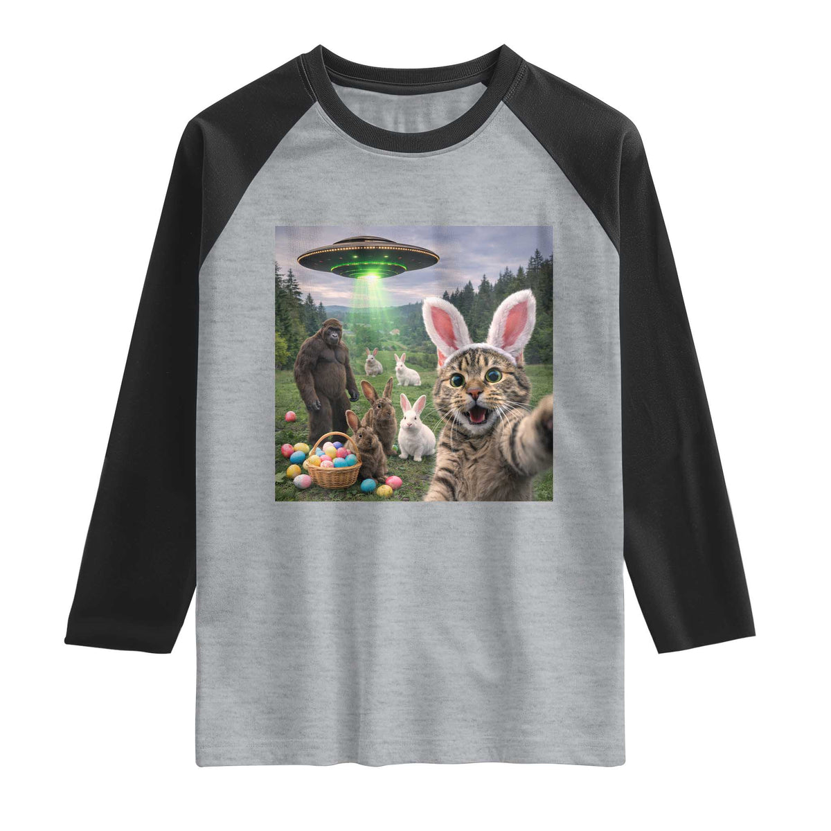 Funny Easter Day Raglan Shirt Cat Selfie With Bunny Bigfoot UFO Bunny Egg