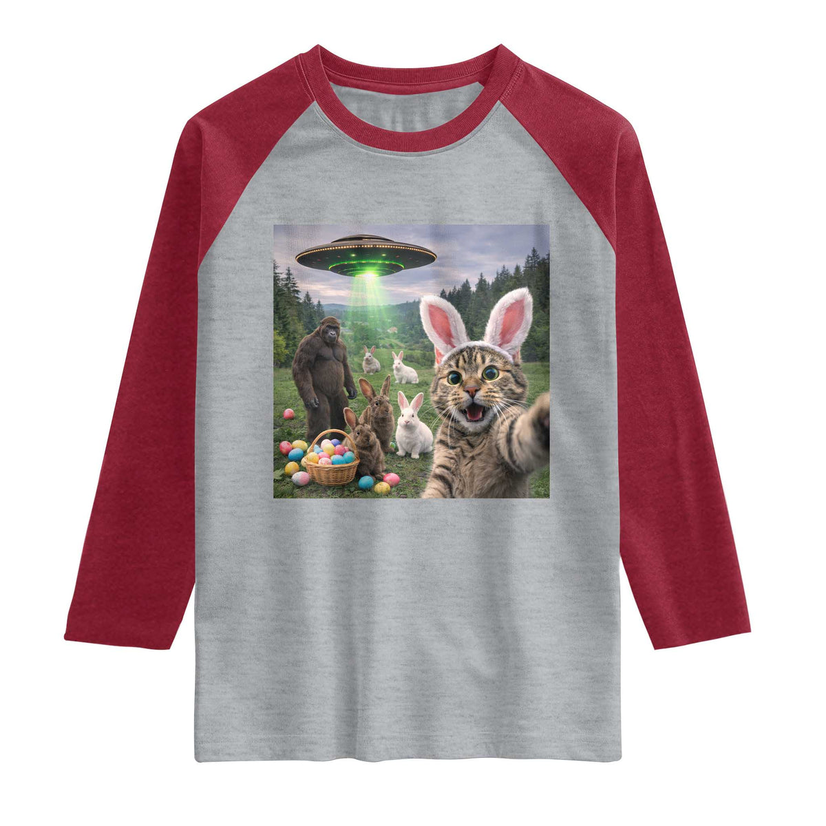 Funny Easter Day Raglan Shirt Cat Selfie With Bunny Bigfoot UFO Bunny Egg