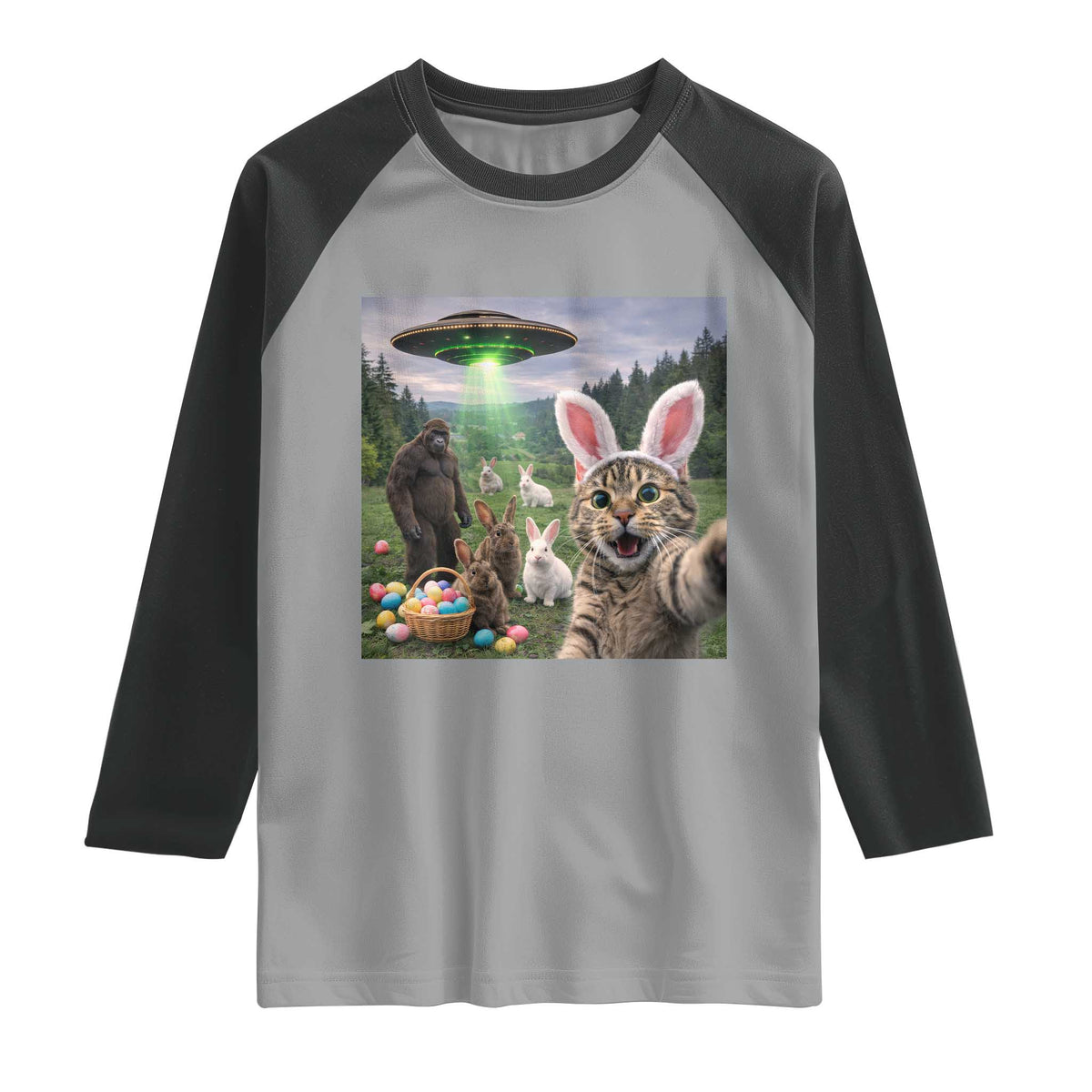 Funny Easter Day Raglan Shirt Cat Selfie With Bunny Bigfoot UFO Bunny Egg