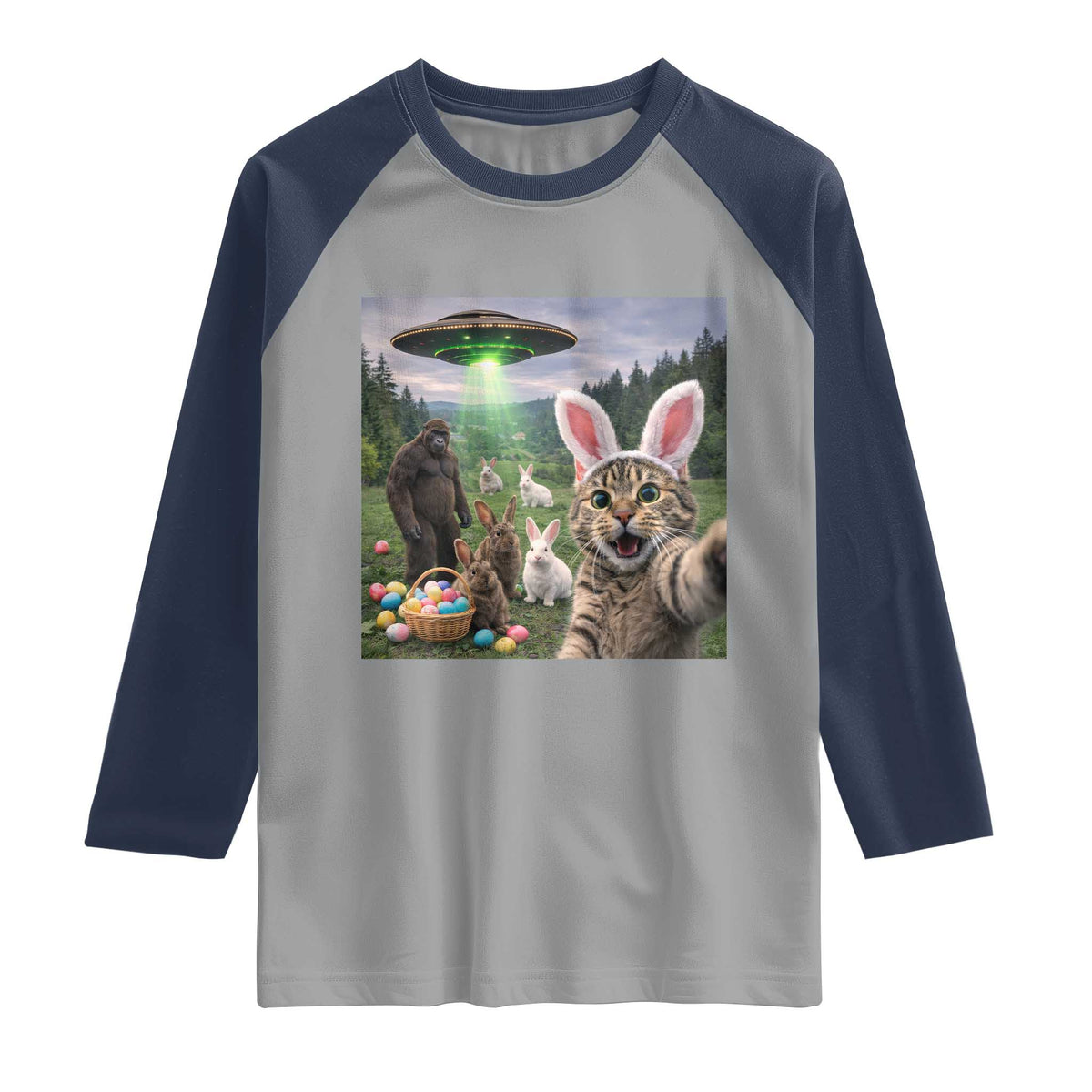 Funny Easter Day Raglan Shirt Cat Selfie With Bunny Bigfoot UFO Bunny Egg