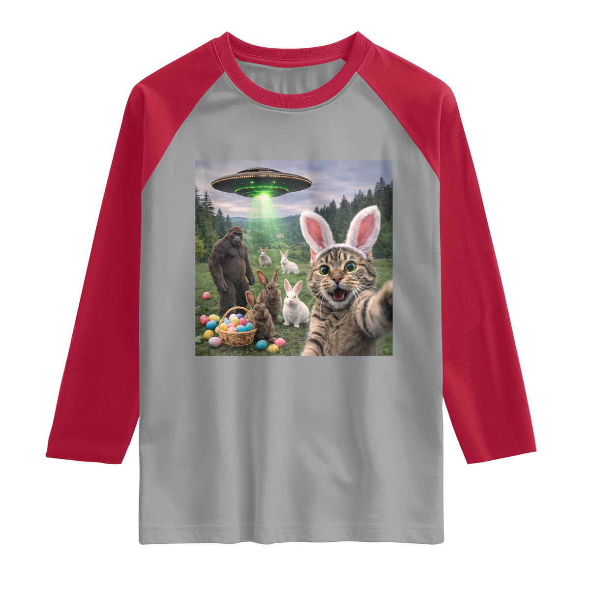 Funny Easter Day Raglan Shirt Cat Selfie With Bunny Bigfoot UFO Bunny Egg