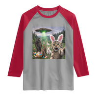 Funny Easter Day Raglan Shirt Cat Selfie With Bunny Bigfoot UFO Bunny Egg