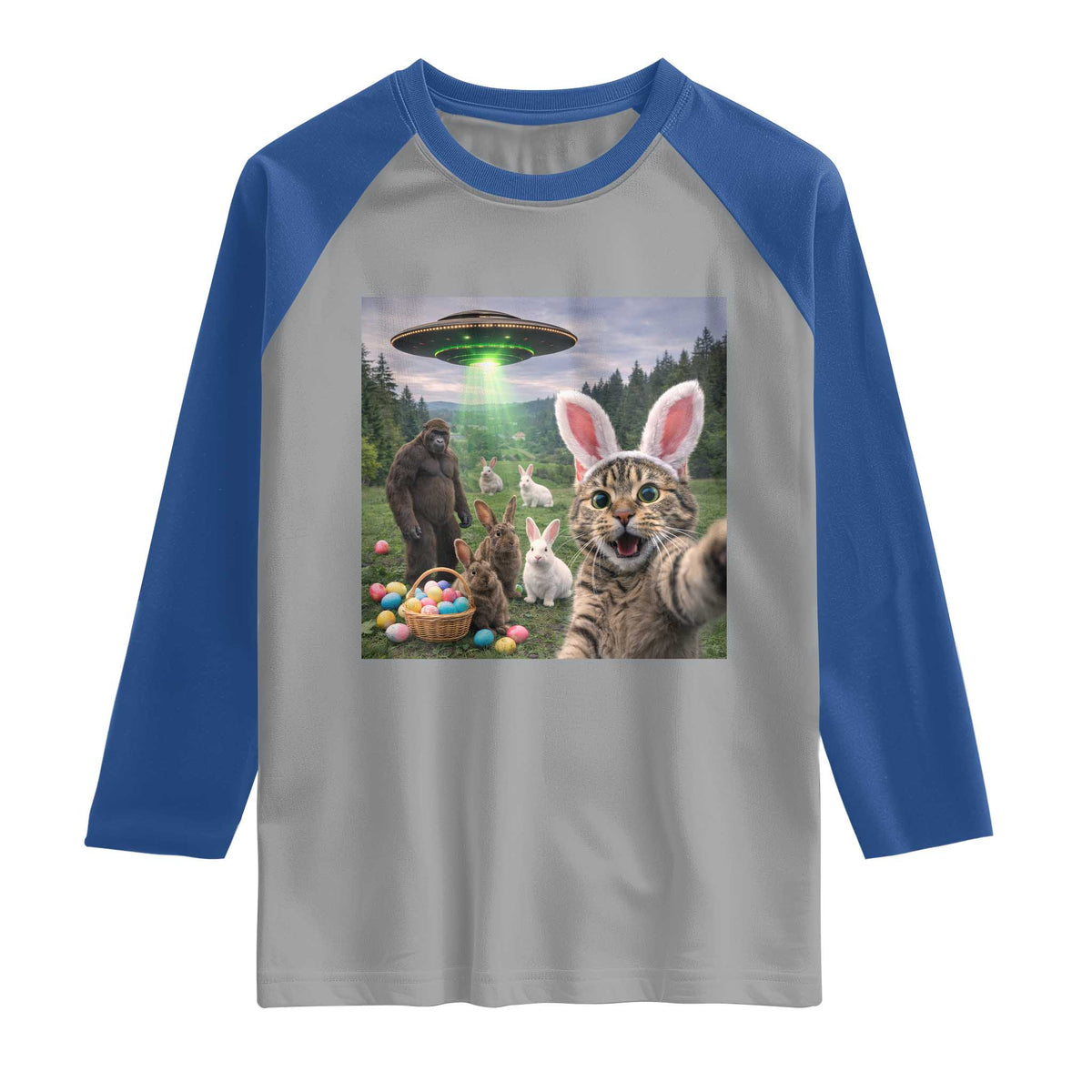 Funny Easter Day Raglan Shirt Cat Selfie With Bunny Bigfoot UFO Bunny Egg