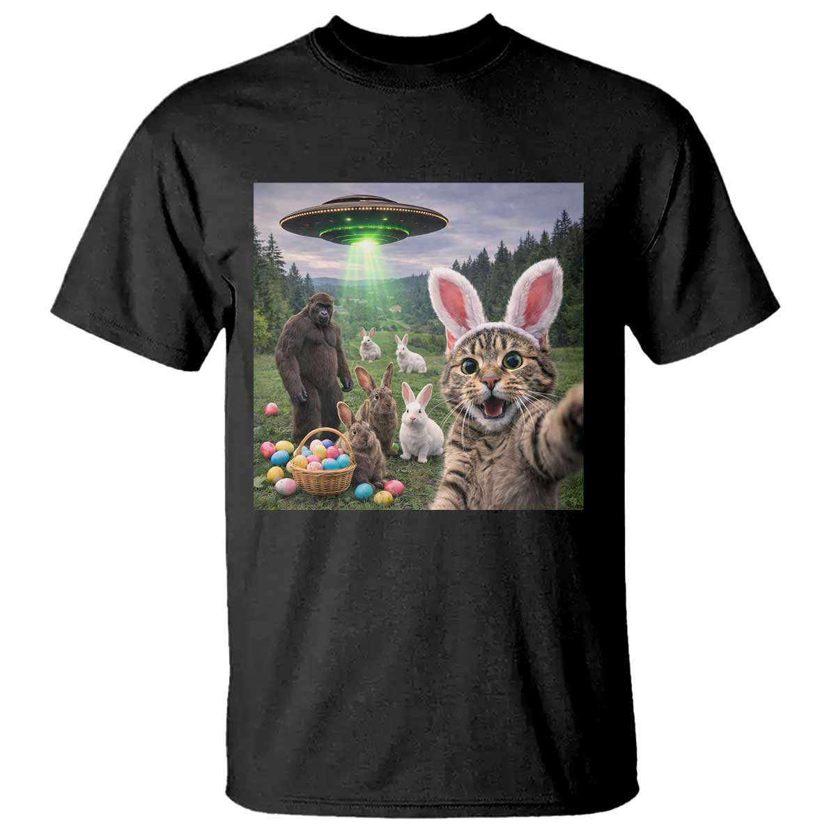 Funny Easter Day T Shirt Cat Selfie With Bunny Bigfoot UFO Bunny Egg