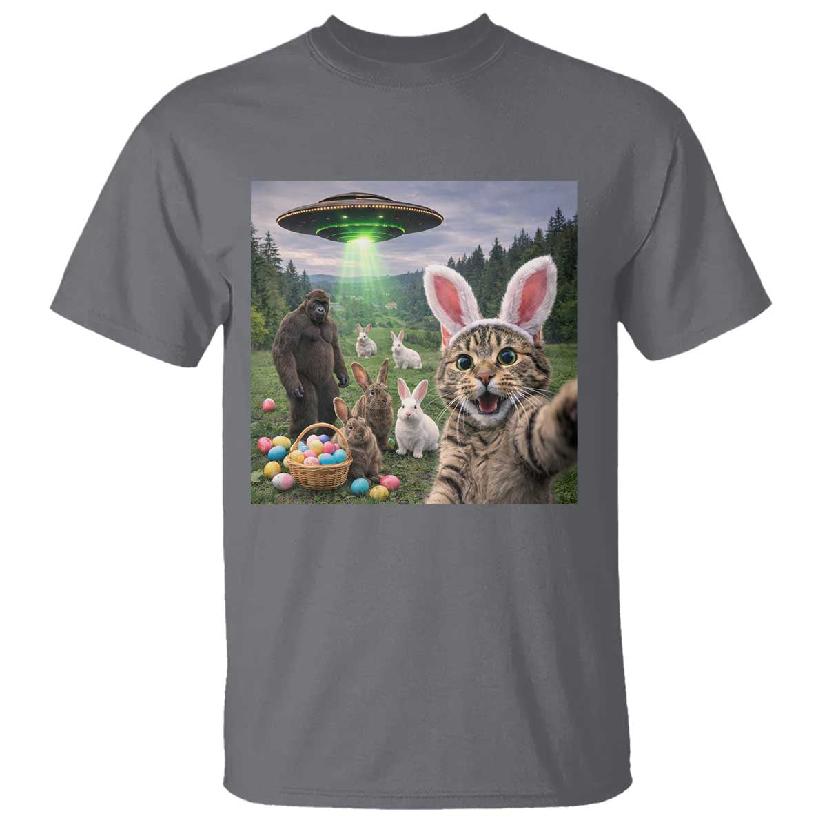 Funny Easter Day T Shirt Cat Selfie With Bunny Bigfoot UFO Bunny Egg