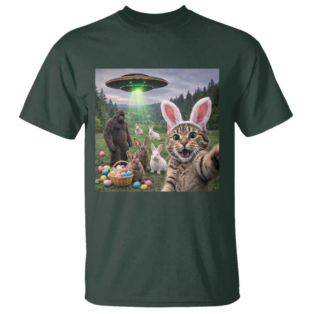 Funny Easter Day T Shirt Cat Selfie With Bunny Bigfoot UFO Bunny Egg