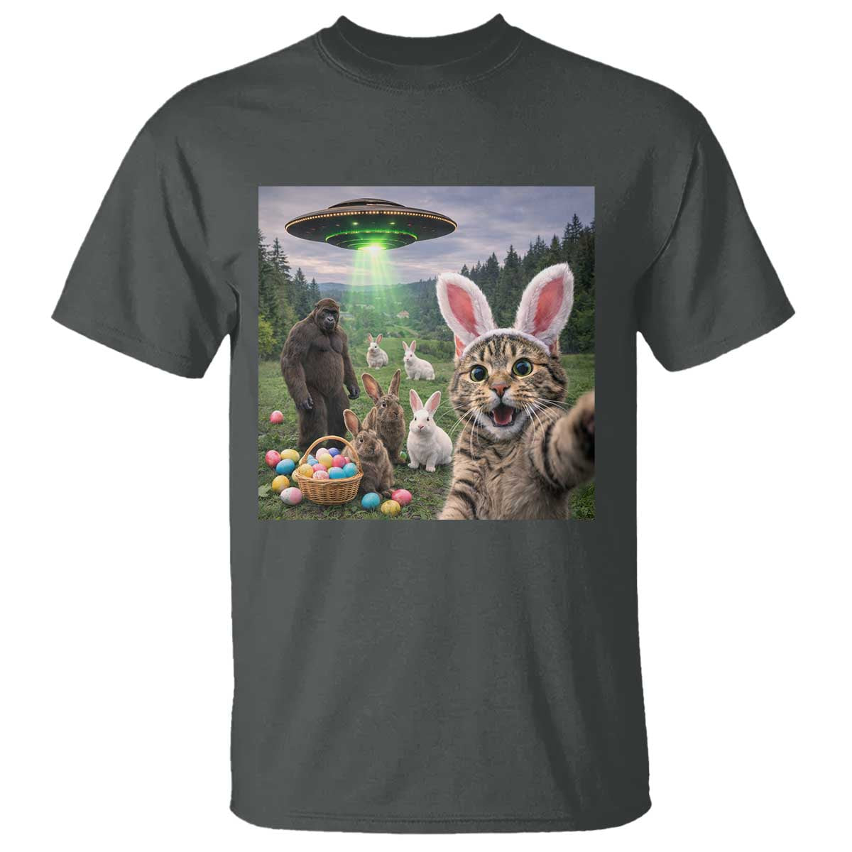 Funny Easter Day T Shirt Cat Selfie With Bunny Bigfoot UFO Bunny Egg
