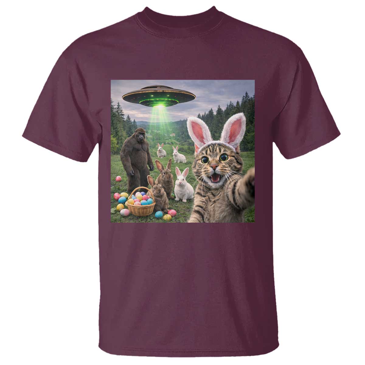 Funny Easter Day T Shirt Cat Selfie With Bunny Bigfoot UFO Bunny Egg