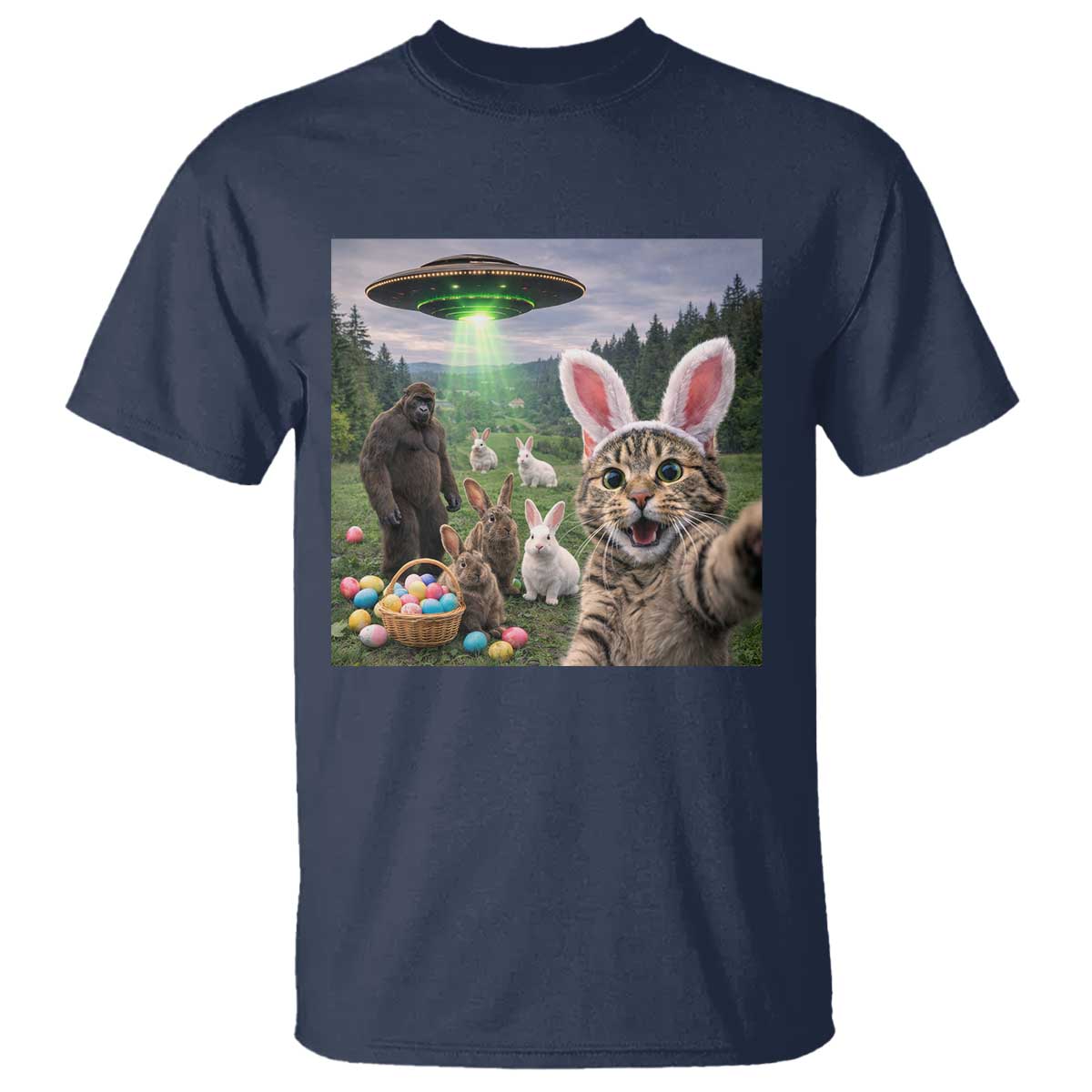 Funny Easter Day T Shirt Cat Selfie With Bunny Bigfoot UFO Bunny Egg