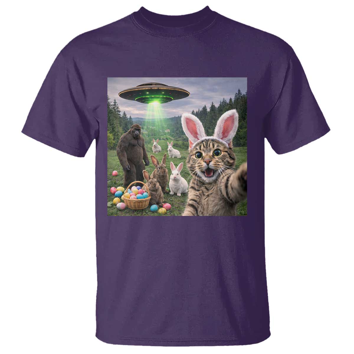Funny Easter Day T Shirt Cat Selfie With Bunny Bigfoot UFO Bunny Egg