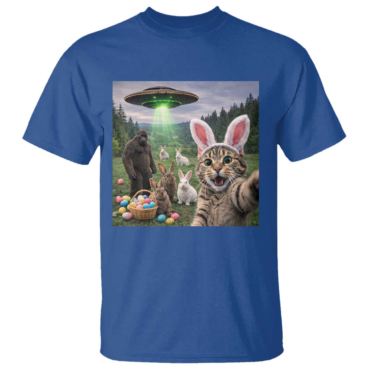 Funny Easter Day T Shirt Cat Selfie With Bunny Bigfoot UFO Bunny Egg