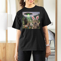 Funny Easter Day T Shirt For Women Cat Selfie With Bunny Bigfoot UFO Bunny Egg