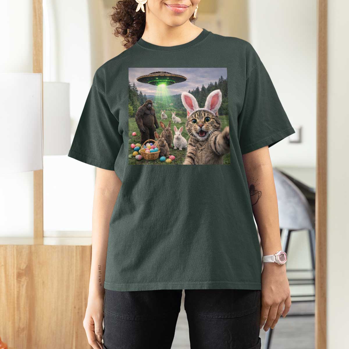 Funny Easter Day T Shirt For Women Cat Selfie With Bunny Bigfoot UFO Bunny Egg