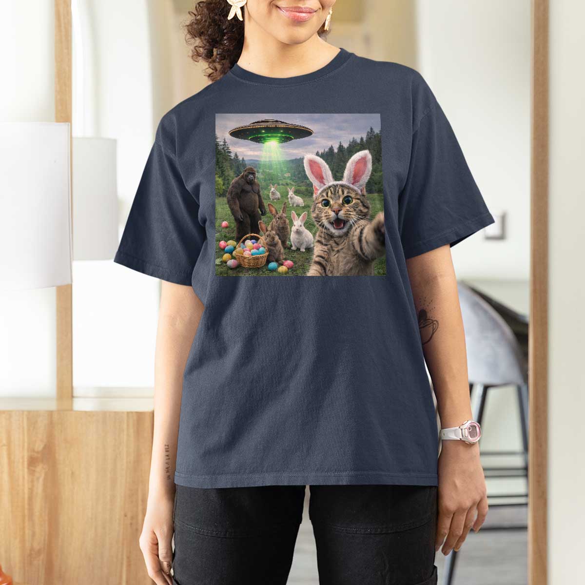 Funny Easter Day T Shirt For Women Cat Selfie With Bunny Bigfoot UFO Bunny Egg