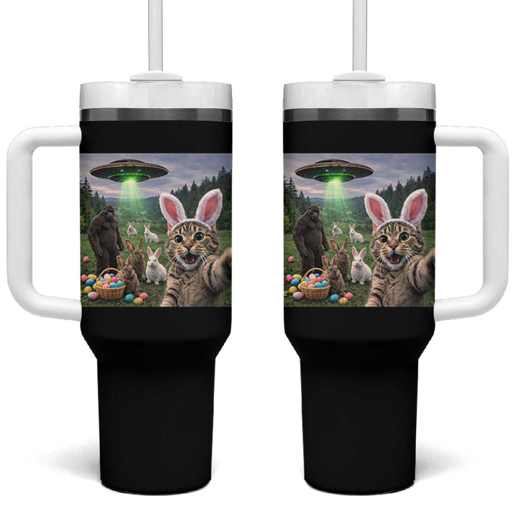 Funny Easter Day Tumbler With Handle Cat Selfie With Bunny Bigfoot UFO Bunny Egg