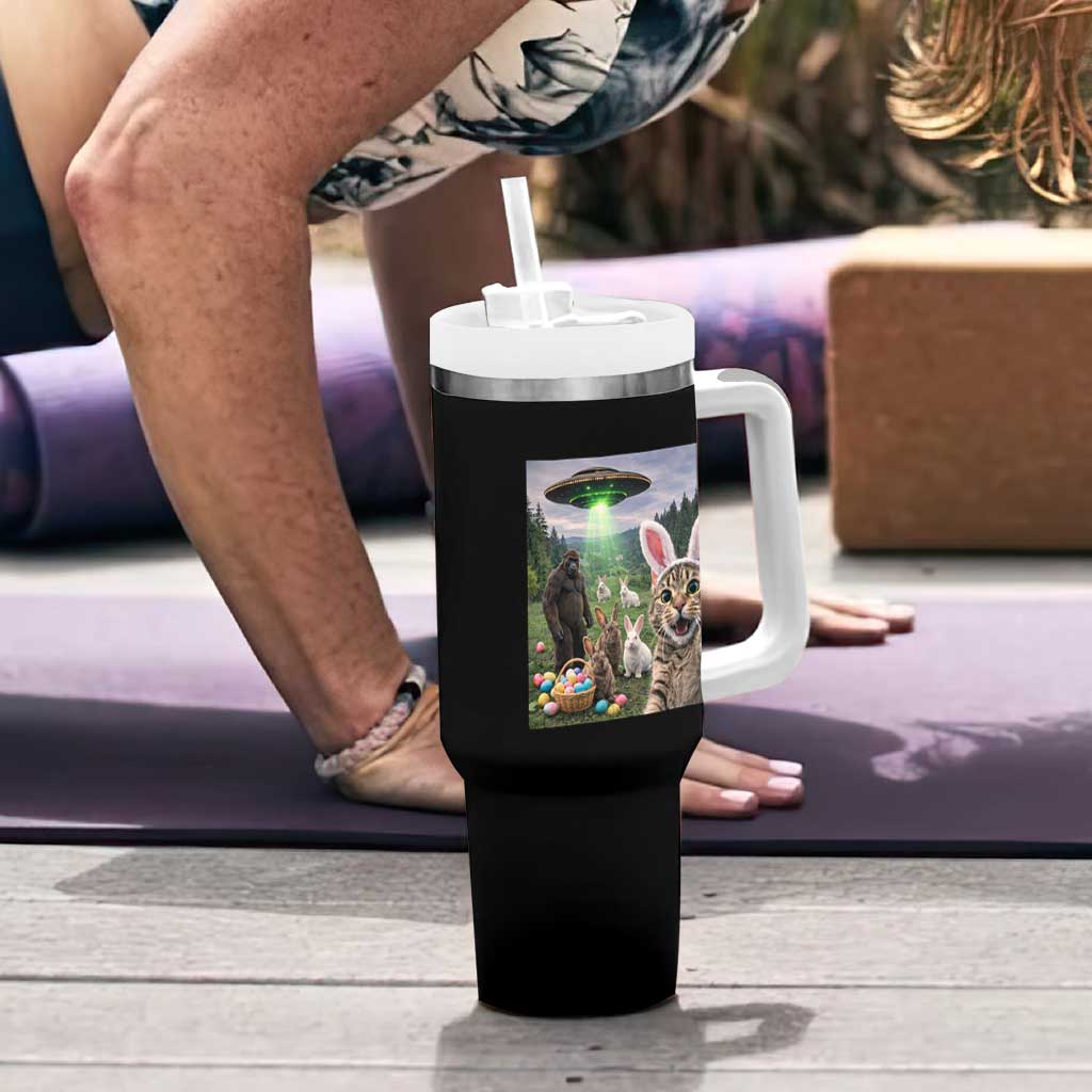 Funny Easter Day Tumbler With Handle Cat Selfie With Bunny Bigfoot UFO Bunny Egg
