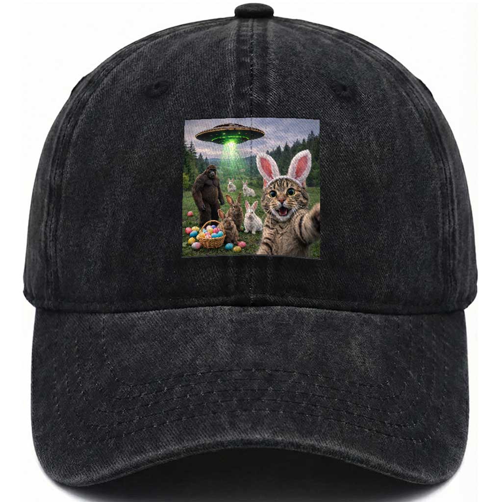 Funny Easter Day Washed Cotton Baseball Cap Cat Selfie With Bunny Bigfoot UFO Bunny Egg