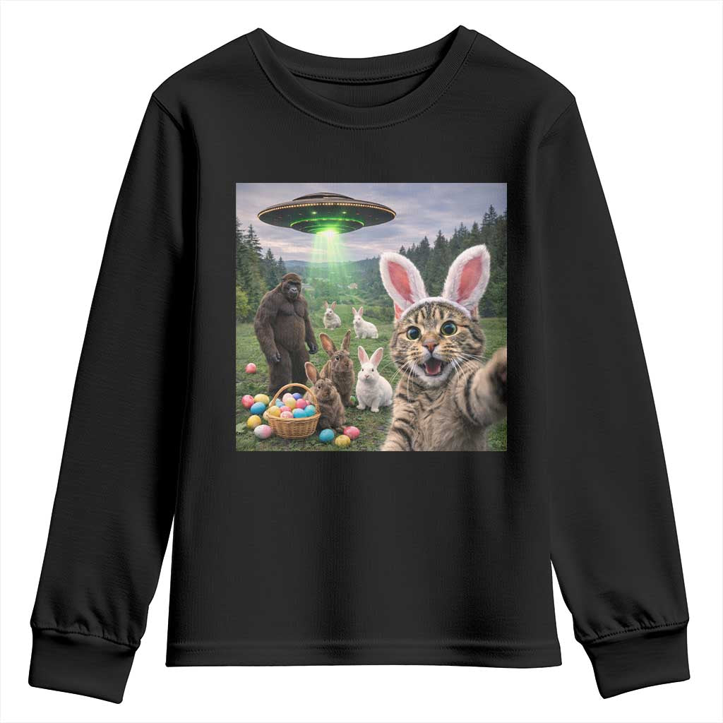 Funny Easter Day Youth Sweatshirt Cat Selfie With Bunny Bigfoot UFO Bunny Egg