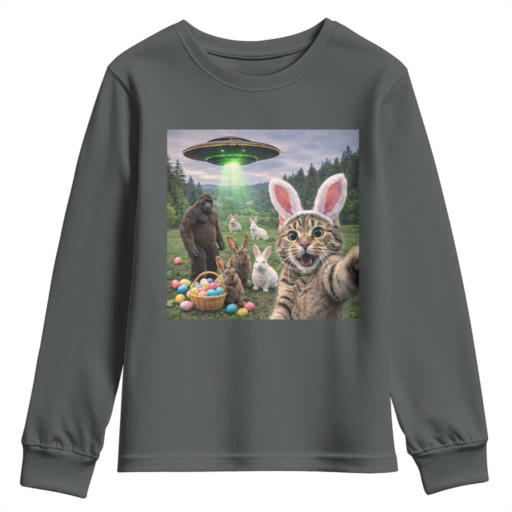Funny Easter Day Youth Sweatshirt Cat Selfie With Bunny Bigfoot UFO Bunny Egg