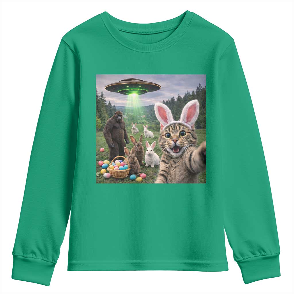 Funny Easter Day Youth Sweatshirt Cat Selfie With Bunny Bigfoot UFO Bunny Egg